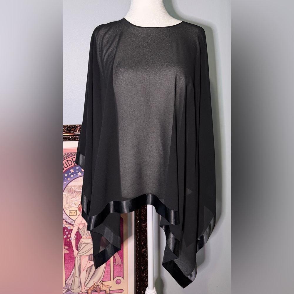 J.B.S. Black Sheer Chiffon Poncho Cape Satin Trim One Size